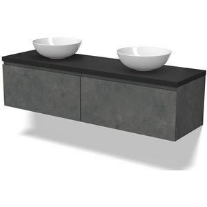 Modulo Plato Badkamermeubel voor waskom | 160 cm Donkergrijs beton Greeploos front Mat zwart blad 2 lades naast elkaar