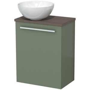 Toiletmeubel met waskom | 41 cm Saliegroen Vlak front Hoogglans wit Keramiek waskom Donkerbruin eiken blad