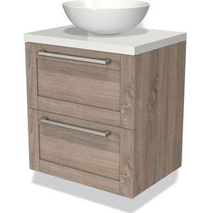 Modulo Plato Badkamermeubel voor waskom | 60 cm Eiken Kader front Hoogglans wit blad 2 lades onder elkaar