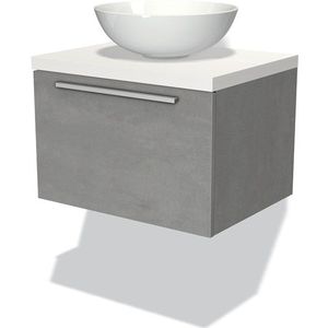 Modulo Plato Badkamermeubel voor waskom | 60 cm Lichtgrijs beton Vlak front Mat wit blad 1 lade