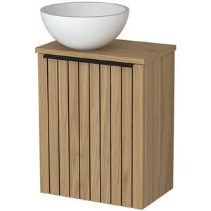 Toiletmeubel met waskom | 41 cm  Naturel fineer Strook front Glanzend wit Mineraalmarmer waskom Naturel fineer blad