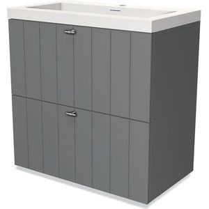 Modulo Badkamermeubel met wastafel | 80 cm Middengrijs Lamel front Solid surface 2 hoge lades onder elkaar