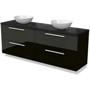 Modulo Plato Badkamermeubel voor waskom | 180 cm Hoogglans zwart Vlak front Zwart eiken blad 4 lades