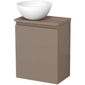 Toiletmeubel met waskom | 41 cm Taupe Greeploos front Hoogglans wit Mineraalmarmer waskom Middenbruin eiken blad
