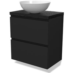 Modulo Plato Slim Badkamermeubel voor waskom | 60 cm Mat zwart Greeploos front Zwart eiken blad 2 lades onder elkaar