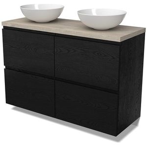 Modulo Plato Badkamermeubel voor waskom | 120 cm Zwart eiken Greeploos front Lichtgrijs eiken blad 4 hoge lades