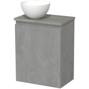 Toiletmeubel met waskom | 41 cm Lichtgrijs beton Greeploos front Mat wit Solid surface waskom Grijs eiken blad