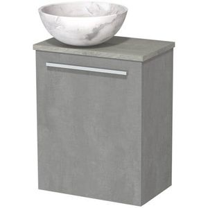 Toiletmeubel met waskom | 41 cm Lichtgrijs beton Vlak front Wit marmer Natuursteen waskom Grijs eiken blad