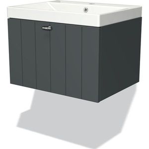 Modulo Badkamermeubel met wastafel | 60 cm Donkergrijs Lamel front Keramiek 1 lade