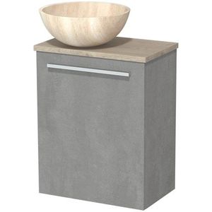 Toiletmeubel met waskom | 41 cm Lichtgrijs beton Vlak front Travertin Natuursteen waskom Lichtgrijs eiken blad