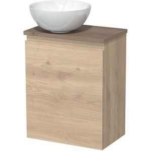 Toiletmeubel met waskom | 41 cm Lichtbruin eiken Greeploos front Hoogglans wit Keramiek waskom Middenbruin eiken blad