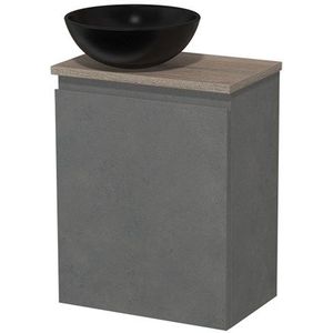 Toiletmeubel met waskom | 41 cm Donkergrijs beton Greeploos front Mat zwart Keramiek waskom Eiken blad
