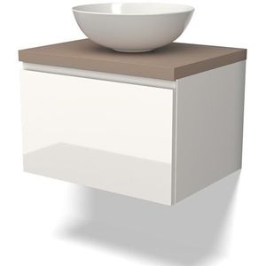 Modulo Plato Badkamermeubel voor waskom | 60 cm Hoogglans wit Greeploos front Taupe blad 1 lade