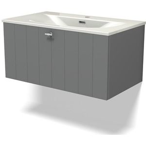 Modulo Badkamermeubel met wastafel | 80 cm Middengrijs Lamel front Keramiek 1 lade