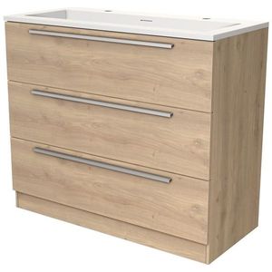 Modulo Badkamermeubel met wastafel | 100 cm Lichtbruin eiken Vlak front Solid surface 3 lades staand