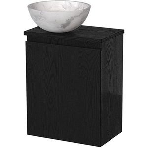 Toiletmeubel met waskom | 41 cm Zwart eiken Greeploos front Wit marmer Natuursteen waskom Zwart eiken blad