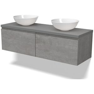 Modulo Plato Badkamermeubel voor waskom | 140 cm Lichtgrijs beton Greeploos front Middengrijs blad 2 lades naast elkaar