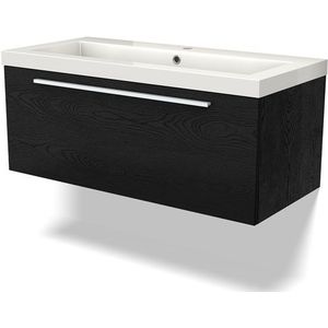 Modulo Badkamermeubel met wastafel | 100 cm Zwart eiken Vlak front Mineraalmarmer 1 lade