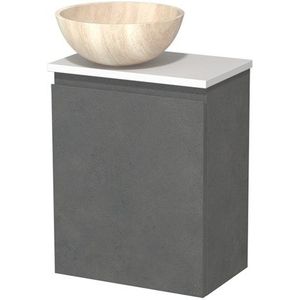 Toiletmeubel met waskom | 41 cm Donkergrijs beton Greeploos front Travertin Natuursteen waskom Mat wit blad