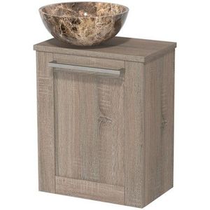 Toiletmeubel met waskom | 41 cm Eiken Kader front Dark emperador Natuursteen waskom Eiken blad