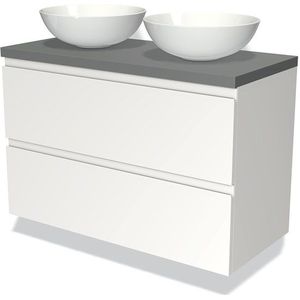 Modulo Plato Badkamermeubel voor waskom | 100 cm Mat wit Greeploos front Middengrijs blad 2 lades onder elkaar