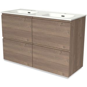 Modulo Badkamermeubel met wastafel | 120 cm Middenbruin eiken Greeploos front Keramiek 4 hoge lades
