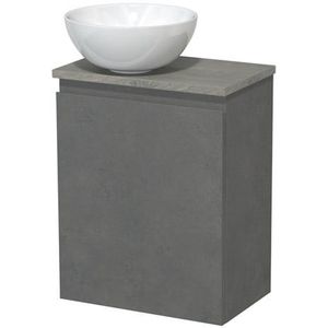 Toiletmeubel met waskom | 41 cm Donkergrijs beton Greeploos front Hoogglans wit Keramiek waskom Grijs eiken blad