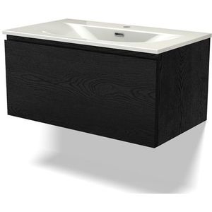 Modulo Badkamermeubel met wastafel | 80 cm Zwart eiken Greeploos front Keramiek 1 lade