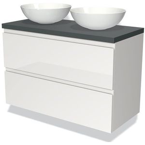 Modulo Plato Badkamermeubel voor waskom | 100 cm Hoogglans wit Greeploos front Donkergrijs blad 2 lades onder elkaar