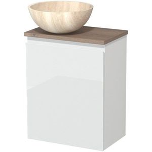 Toiletmeubel met waskom | 41 cm Hoogglans wit Greeploos front Travertin Natuursteen waskom Middenbruin eiken blad