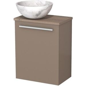 Toiletmeubel met waskom | 41 cm Taupe Vlak front Wit marmer Natuursteen waskom Middenbruin eiken blad