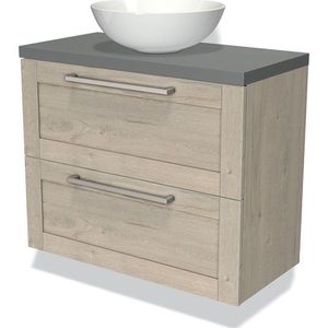 Modulo Plato Slim Badkamermeubel voor waskom | 80 cm Lichtgrijs eiken Kader front Middengrijs blad 2 lades onder elkaar