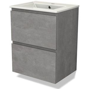 Modulo Slim Badkamermeubel met wastafel | 50 cm Lichtgrijs beton Greeploos front Keramiek 2 lades onder elkaar
