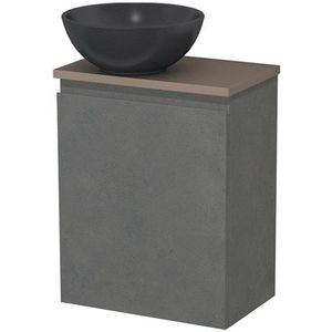 Toiletmeubel met waskom | 41 cm Donkergrijs beton Greeploos front Mat zwart Quartz waskom Taupe blad