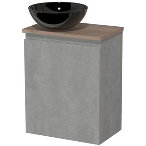 Toiletmeubel met waskom | 41 cm Lichtgrijs beton Greeploos front Hoogglans zwart Keramiek waskom Middenbruin eiken blad
