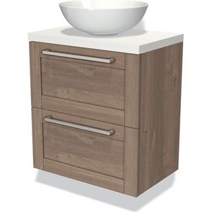 Modulo Plato Slim Badkamermeubel voor waskom | 60 cm Middenbruin eiken Kader front Mat wit blad 2 lades onder elkaar