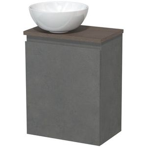 Toiletmeubel met waskom | 41 cm Donkergrijs beton Greeploos front Hoogglans wit Keramiek waskom Donkerbruin eiken blad