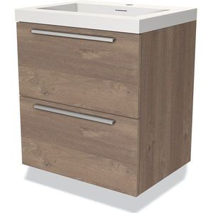 Modulo Badkamermeubel met wastafel | 60 cm Middenbruin eiken Vlak front Solid surface 2 lades onder elkaar