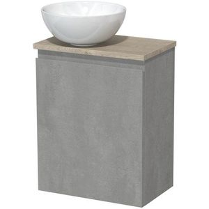 Toiletmeubel met waskom | 41 cm Lichtgrijs beton Greeploos front Hoogglans wit Keramiek waskom Lichtgrijs eiken blad