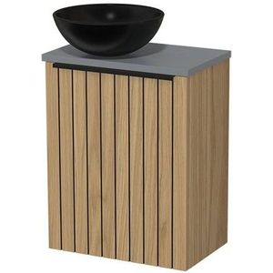 Toiletmeubel met waskom | 41 cm  Naturel fineer Strook front Mat zwart Keramiek waskom Middengrijs blad