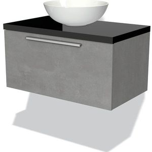 Modulo Plato Badkamermeubel voor waskom | 80 cm Lichtgrijs beton Vlak front Hoogglans zwart blad 1 lade