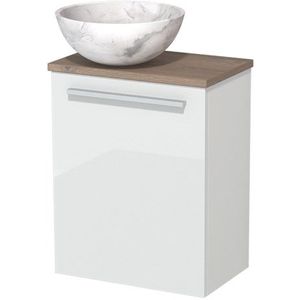 Toiletmeubel met waskom | 41 cm Hoogglans wit Vlak front Wit marmer Natuursteen waskom Middenbruin eiken blad