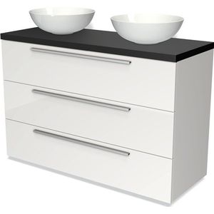 Modulo Plato Badkamermeubel voor waskom | 120 cm Hoogglans wit Vlak front Mat zwart blad 3 lades