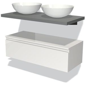 Modulo Plato Badkamermeubel voor waskom | 100 cm Hoogglans wit Greeploos front Middengrijs blad Laag zwevend