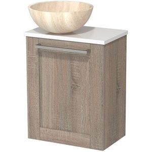 Toiletmeubel met waskom | 41 cm Eiken Kader front Travertin Natuursteen waskom Hoogglans wit blad