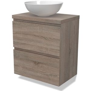 Modulo Plato Slim Badkamermeubel voor waskom | 60 cm Eiken Greeploos front Eiken blad 2 lades onder elkaar