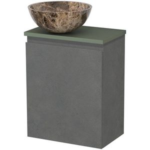 Toiletmeubel met waskom | 41 cm Donkergrijs beton Greeploos front Dark emperador Natuursteen waskom Saliegroen blad