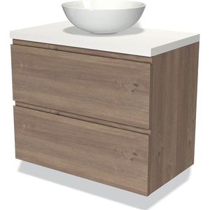 Modulo Plato Badkamermeubel voor waskom | 80 cm Middenbruin eiken Greeploos front Mat wit blad 2 lades onder elkaar