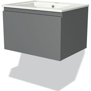 Modulo Badkamermeubel met wastafel | 60 cm Middengrijs Greeploos front Keramiek 1 lade