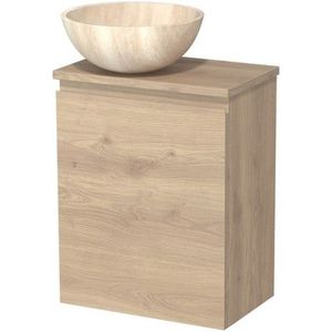 Toiletmeubel met waskom | 41 cm Lichtbruin eiken Greeploos front Travertin Natuursteen waskom Lichtbruin eiken blad